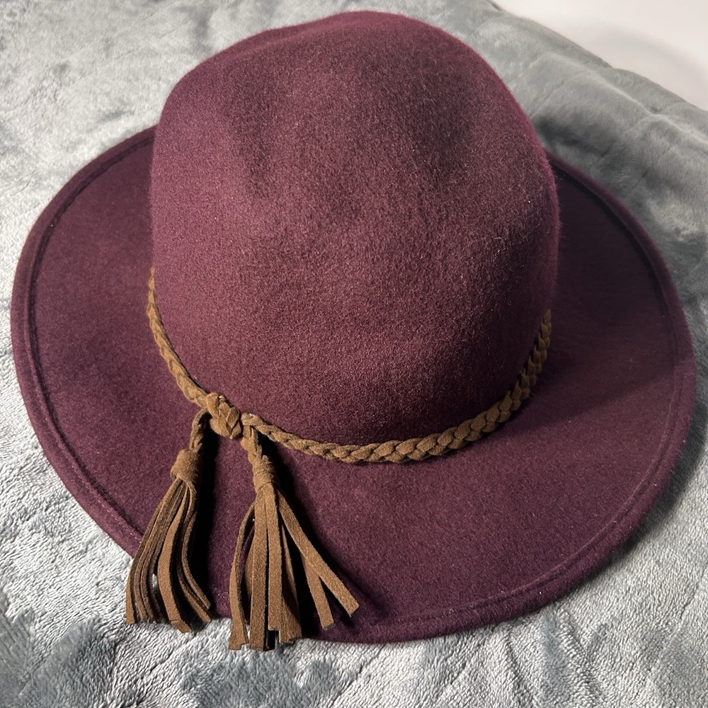 Burgundy 100% Wool Wide Brim Hat Braided Faux Leather Band Tassel Boho - Picture 2 of 7